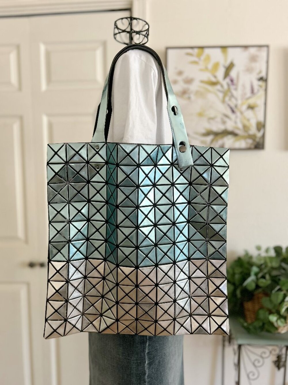 Bao Bao Issey Miyake Blue Silver Color Block Tote Bag